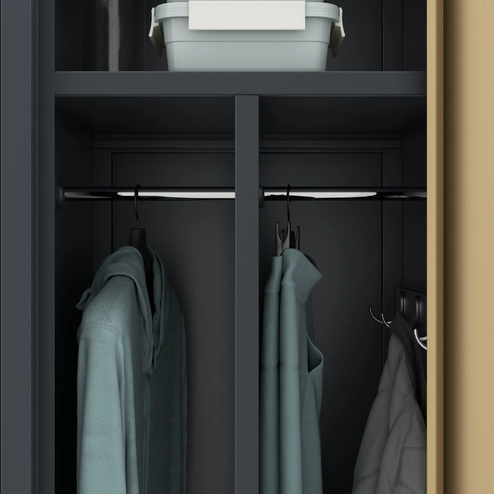 Pléh öltözőszekrény talpazaton, kétmodulos, polccal és köztes fallal KACPER, 800 x 1800 x 500 mm, Eco Design: antracit/ dió