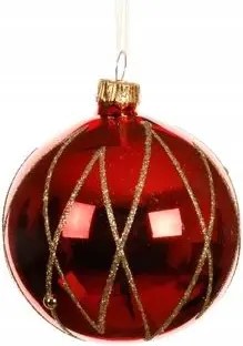 Piros üveggömb arany vonalakkal díszítve 8cm