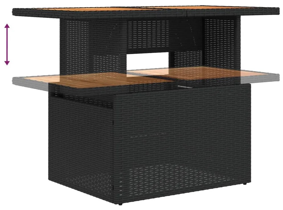 2 részes fekete polyrattan/akácfa kerti kanapészett párnákkal