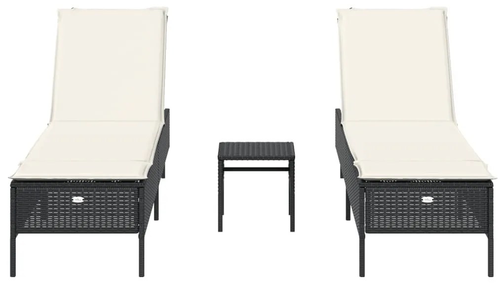 3 részes fekete polyrattan napozóágy szett párnával