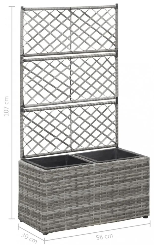 szürke rácsos polyrattan magaságyás 2 kaspóval 58 x 30 x 107 cm