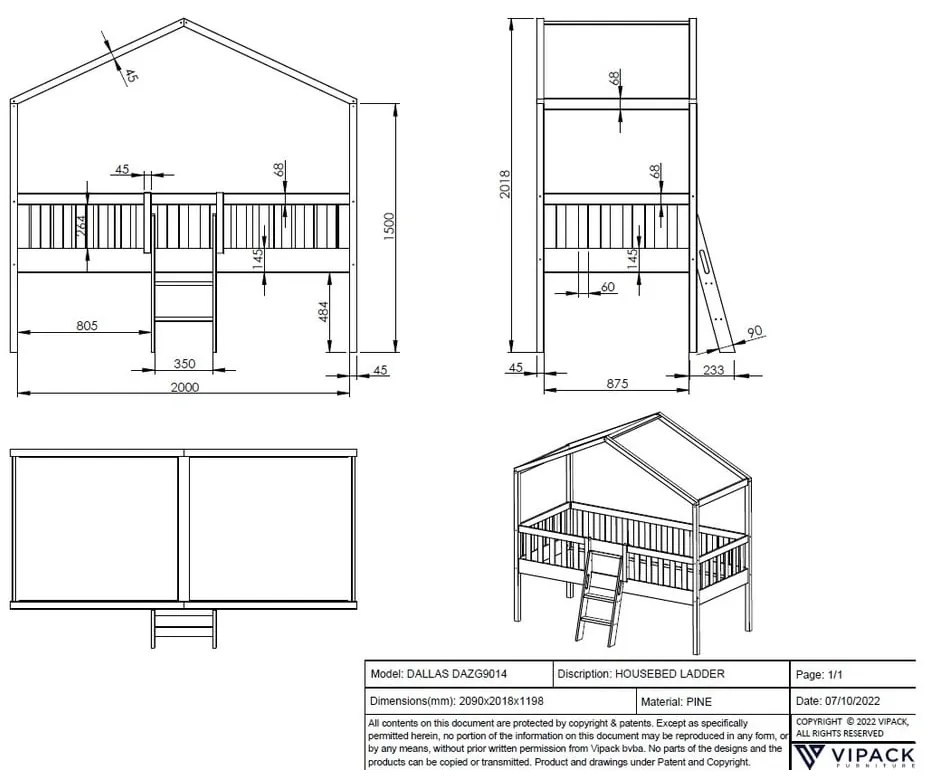 Fehér házikó alakú-magasított borovi fenyő gyerekágy 90x200 cm DALLAS – Vipack