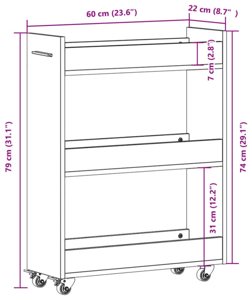barna tölgy színű szerelt fa szekrény kerekekkel 60x22x79 cm