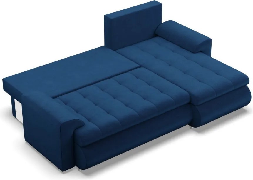 Tokio sarokkanapé, 2 ágyneműtartóval, bársony, jobboldali, kék