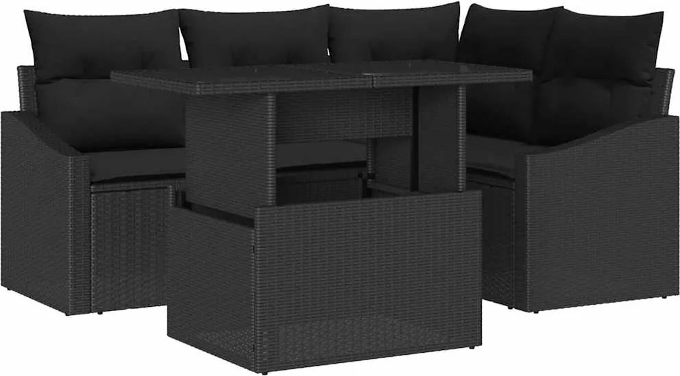 vidaXL Kerti Kanapé Szett párnával tárolóval 5 pcs Fekete polirattan