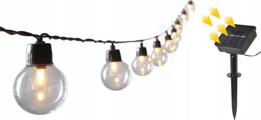 Napelemes LED dekorációs fényfüzér — 20 LED, 8 üzemmód, 500 mAh akkumulátor, 7,6 m hossz, IP67 védelem, meleg fehér