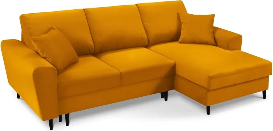 Mustársárga kordbársony kinyitható tárolóhelyes sarokkanapé (jobb oldali-heverő résszel) Kyoto – Cosmopolitan Design