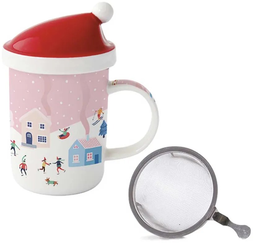 Karácsonyi Porcelán teás bögre 370 ml tetővel fém szűrővel díszdobozban Christmas Twist