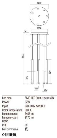 Redo 01-2050 - LED Csillár zsinóron MADISON 8xLED/4W/230V arany