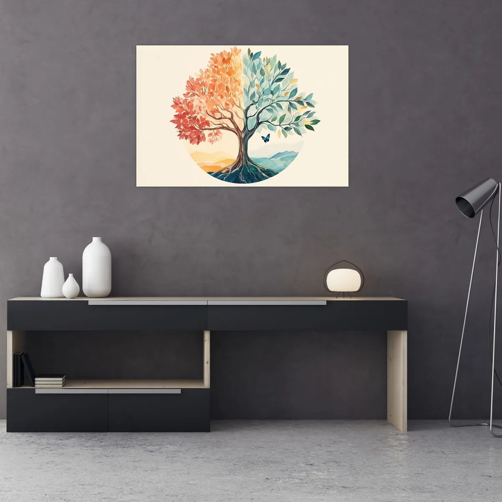 Kép – Duális fa pillangóval (90x60 cm)