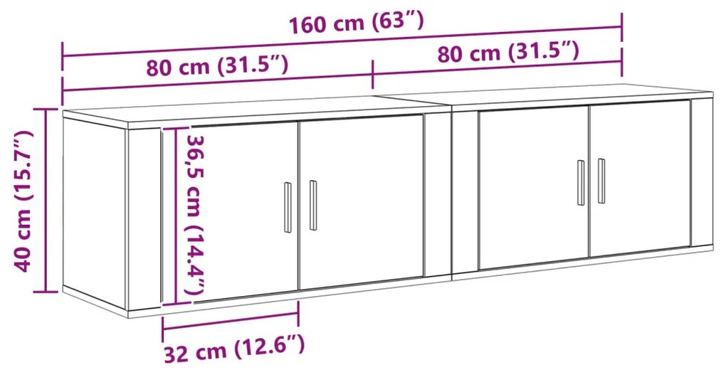 vidaXL Fali TV szekrény szett 2 pcs Fekete tölgy 80 x 34,5 x 40 cm