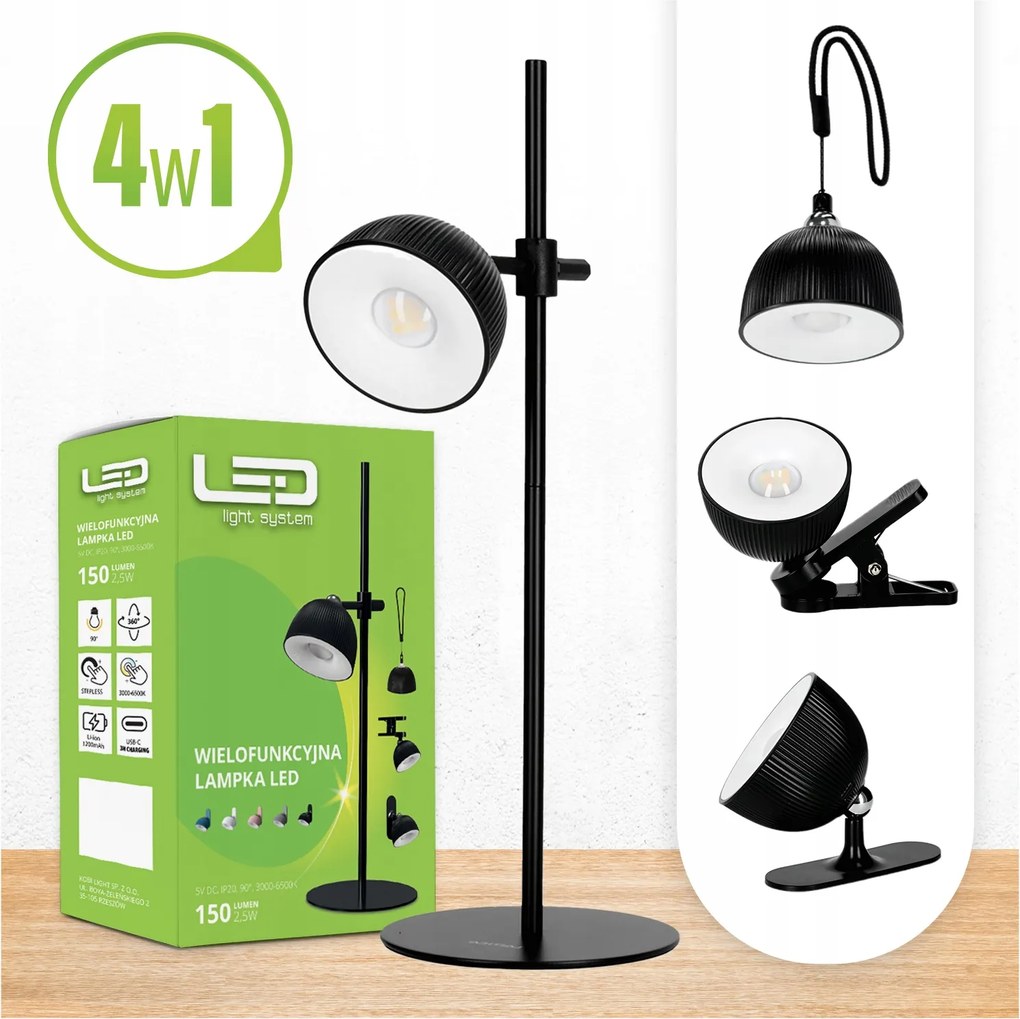 Akkumulátoros Led asztali lámpa Usb-c Cct Mágneses 4in1 1200mAh fekete