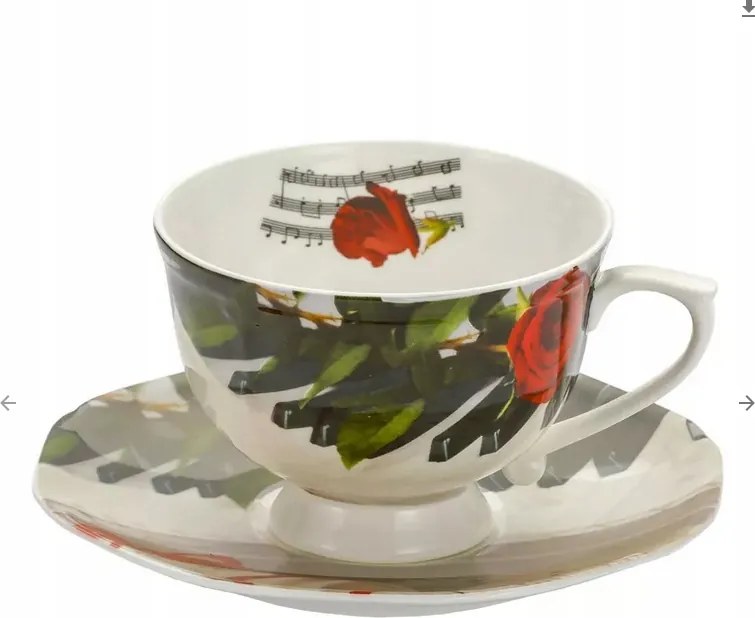 Csésze 250ML Bone China Porcelán Motívum Rózsa És Jegyek Tányérral