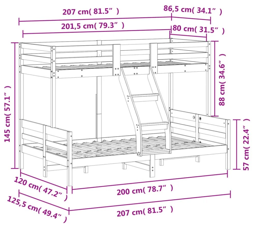 tömör fenyőfa emeletes ágy 80x200/120x200 cm