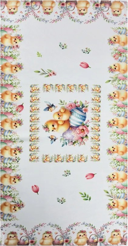 Húsvéti terítő 40x90cm Csibék és húsvéti tojások fehérben