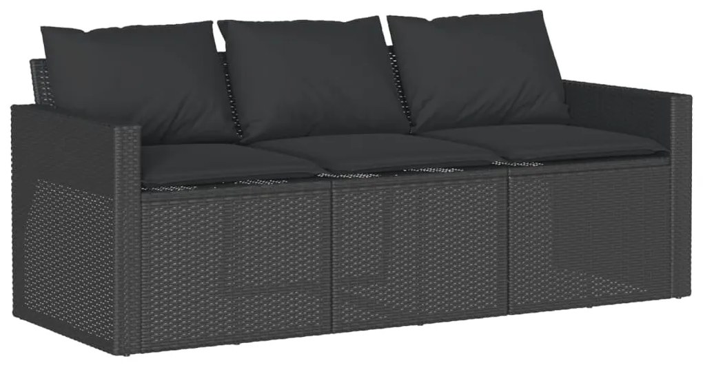 Fekete 3 személyes polyrattan kerti kanapé párnákkal