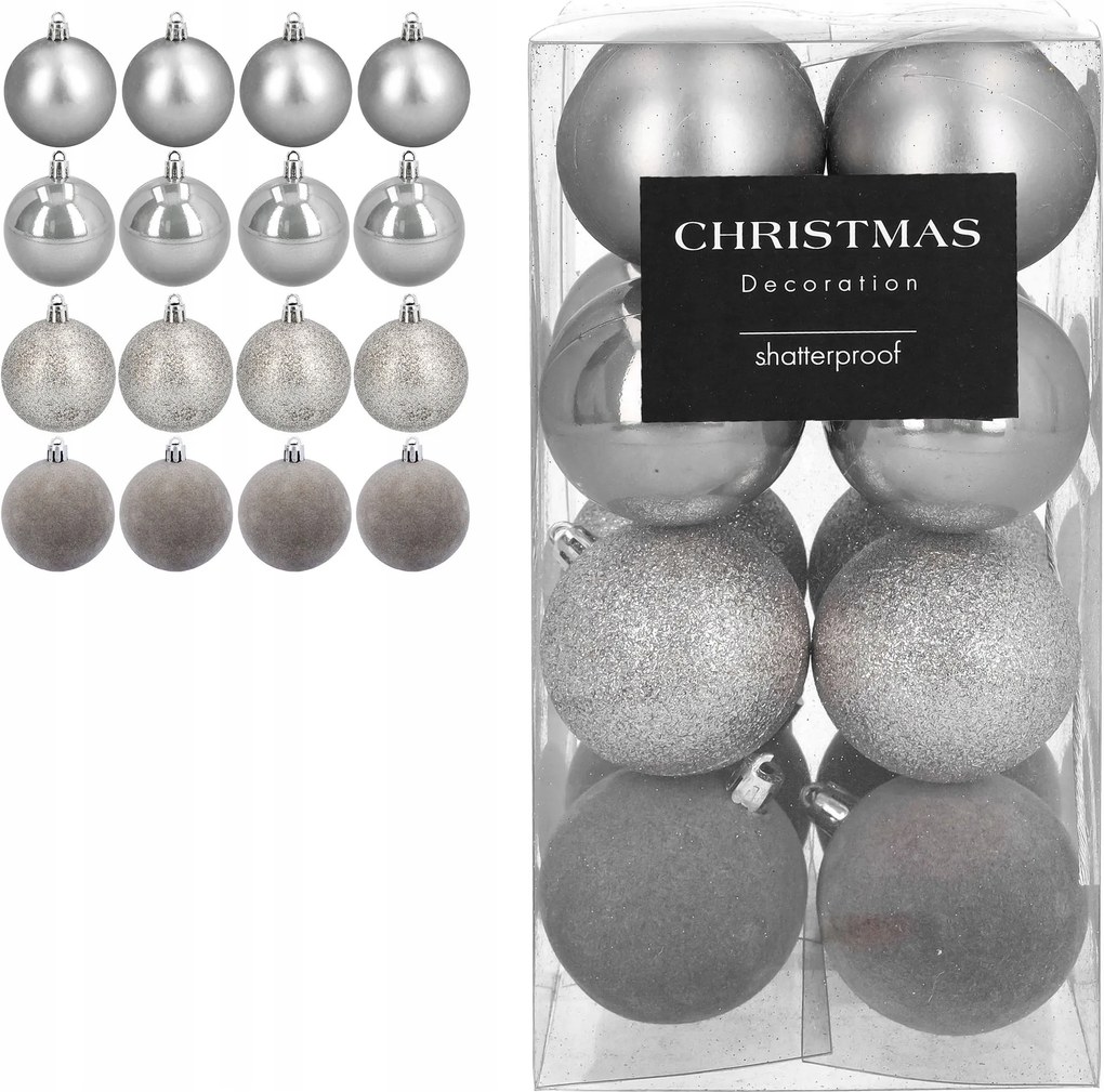 Karácsonyfadísz műanyag 5cm 16 db szürke törhetetlen karácsonyfadísz