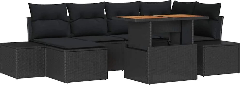 vidaXL Kerti Kanapé Szett tárolóval 7 pcs Fekete Poli rattan