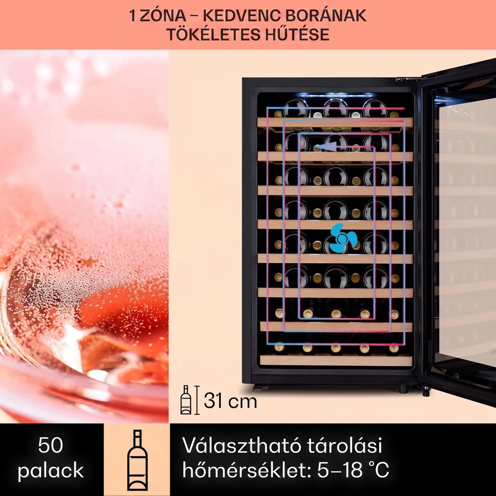 Klarstein Barossa 50 Uno, borhűtő, 120 liter, 52 palack, 1 zóna, érintőképernyő