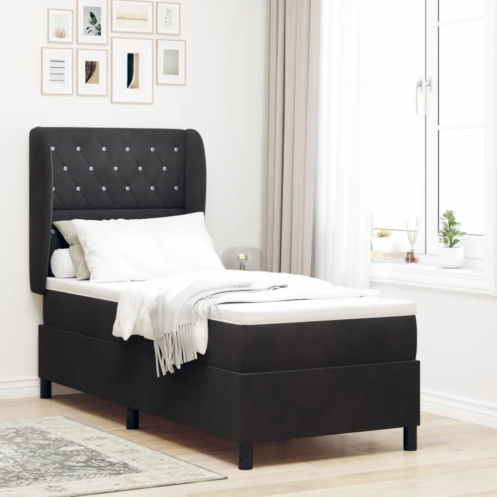 Boxspring Ágy Mattal Fekete Színben, 80x200 cm Bársony