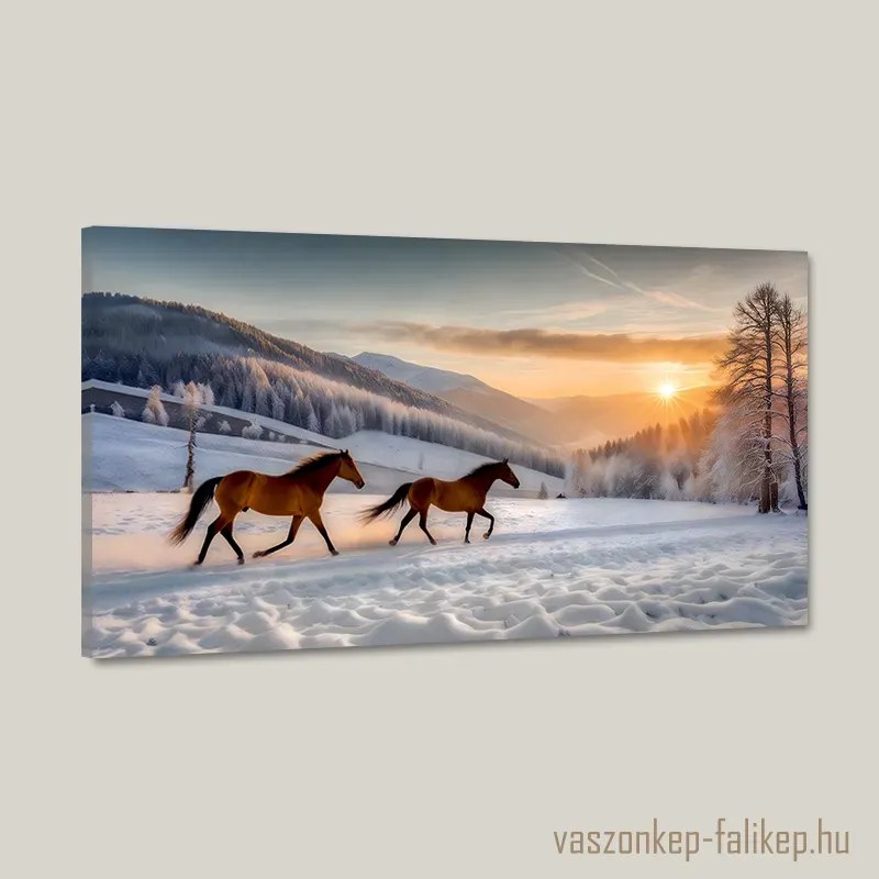 Lovak vágtáznak a téli tájon napnyugtában – Prémium falikép 60x34 cm