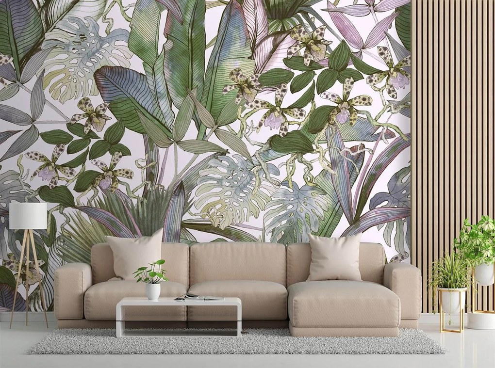 Gario Fotótapéta Monstera és trópusi levelek pasztellben Anyag: Vlies, Méret: 150 x 105 cm
