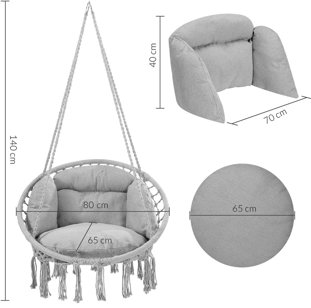 BOHO függőszék párnával, Ø61cm, világosszürke Detex
