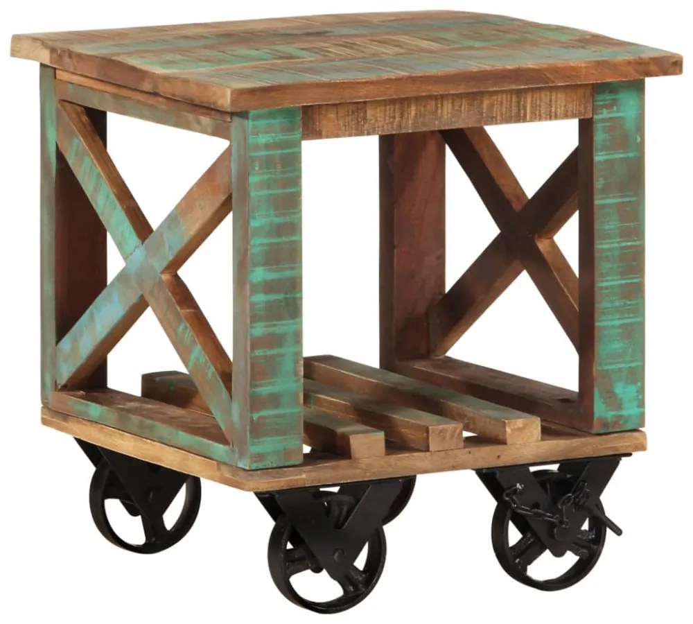 tömör újrahasznosított fa kisasztal kerekekkel 40 x 40 x 42 cm