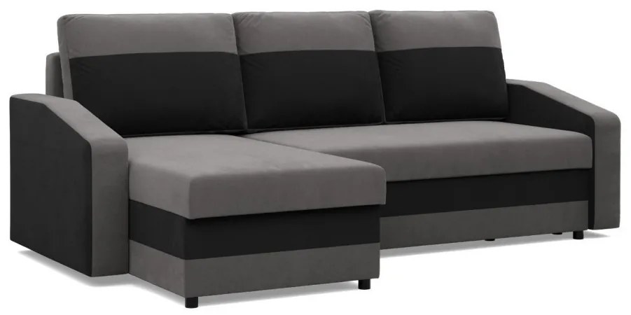 Hewlet sarokkanapé, 2 ágyneműtartóval, szövet anyag, univerzális oldal, hab töltet, szürke - fekete