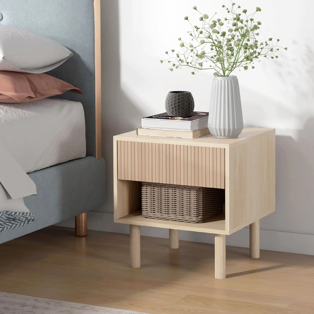 HOMCOM Éjjeliszekrény Fiókkal és Polcokkal, Modern Stílusú Kisebb Asztal Hálószobába, Nappaliba, 47 x 47 x 50 cm, Természetes Fa Felülettel | Aosom