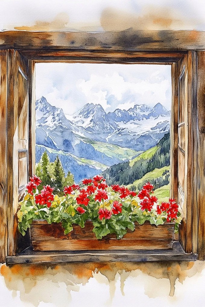 Vászonkép Canvas Ablak Kilátás Hegyek Alpok Hó Virágok Muskátli 80x120