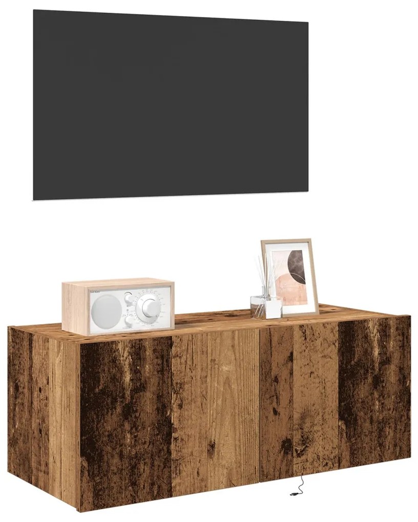 TV Fali Szekrény LED Világítással Régi Fa 80x35x31 cm