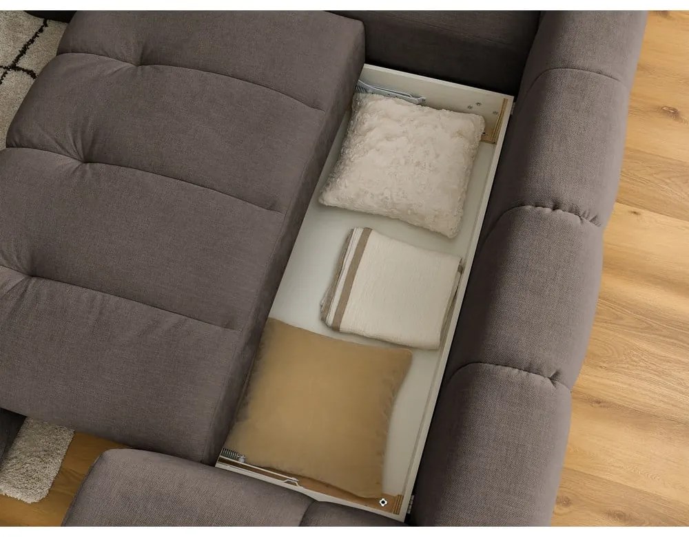 Szürkésbarna kinyitható-tárolóhelyes sarokkanapé (bal oldali-L alakú) Fuji – Bobochic Paris