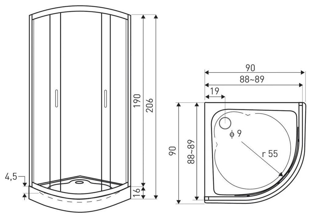 Soho Black 90 íves zuhanykabin Alan zuhanytálcával