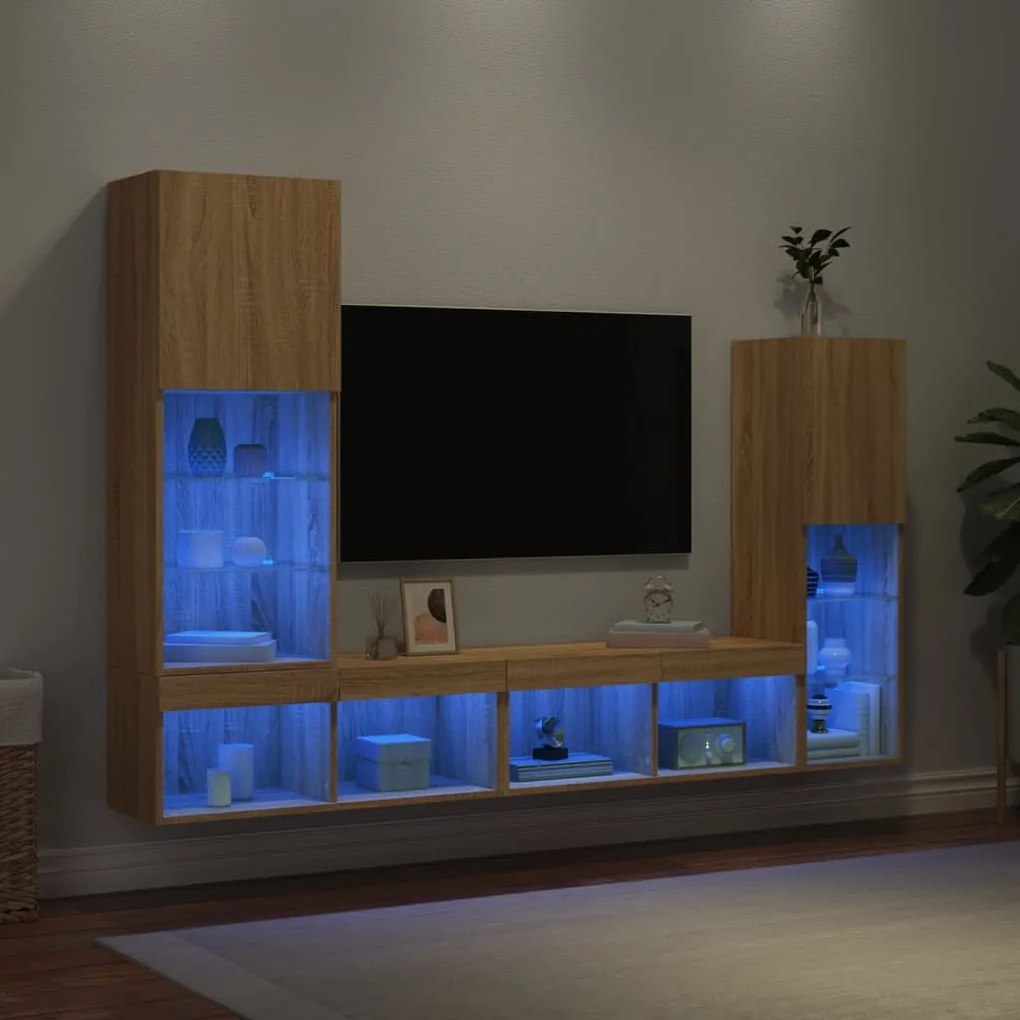 4 darab füstös tölgy színű szerelt fa TV-bútor LED-del