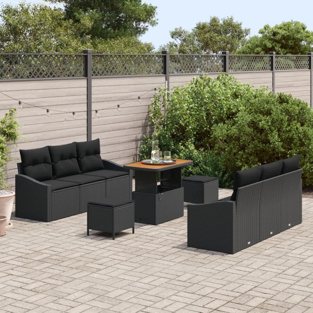 9 darabos Kerti Sofa Szett párnával Fekete Polirattan Akác, 2 személyes Kerti Sofa párnával Fekete Polirattan, 3 darabos Kerti Étkező Szett párnával Fekete Polirattan Akác