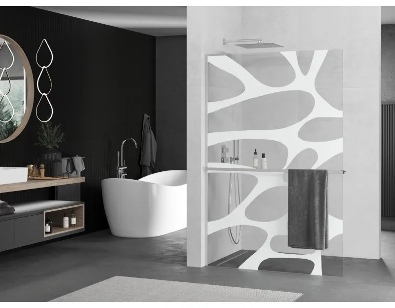 Mexen Kioto+ L, Walk-In zuhany paraván polccal és akasztóval 110 x 200 cm, 8 mm átlátszó üveg fehér mintás, króm profil, 800-110-123-01-97
