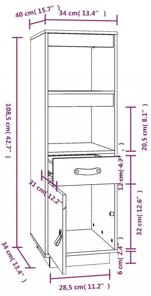 mézbarna tömör fenyőfa magasszekrény 34 x 40 x 108,5 cm