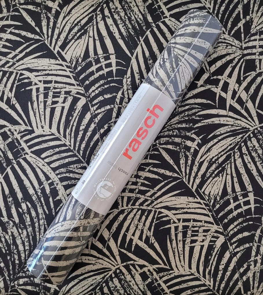 Fekete alapon arany csillogó pálmafák tapéta, 832143