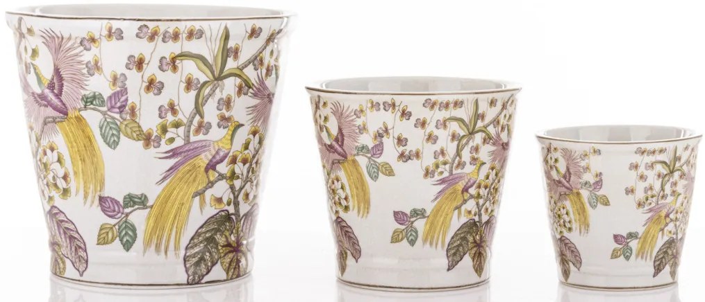 Törtfehér vintage szögletes porcelán 3db-os virágtartó kaspó szett pávákkal festve 12x13,5x13,5 / 16x17,5x17,5 / 21x23x23cm