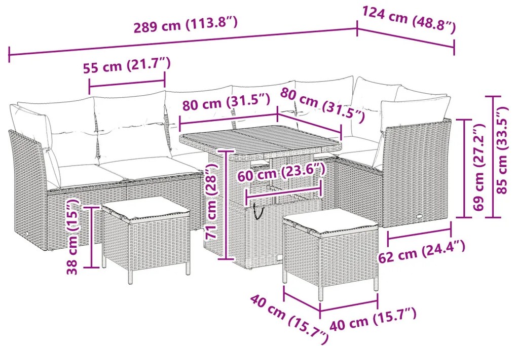 9 darabos kerti kanapé garnitúra párnákkal szürke poli rattan akácia, 3 darabos kerti étkező garnitúra párnákkal szürke poli rattan akácia
