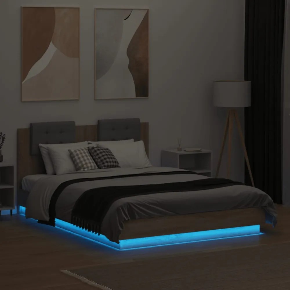 sonoma tölgy színű ágykeret fejtámlával és LED-ekkel 135x190 cm