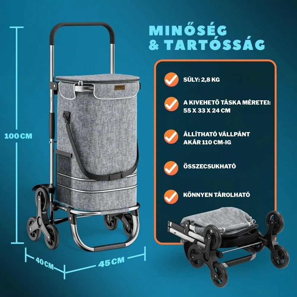 COMFORT bevásárlótáska lépcsőjáró kerekekkel, 50l, szürke Jurhan