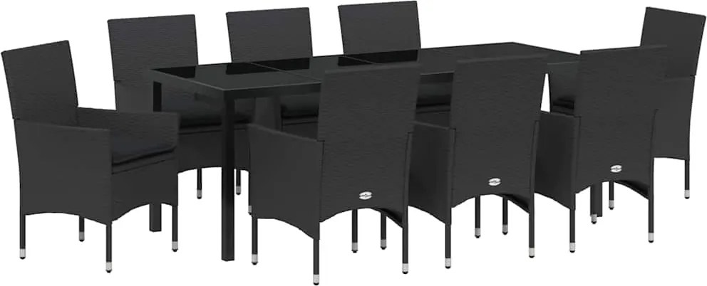 vidaXL Kert étkező szett párnával 9 pcs Fekete polirattan