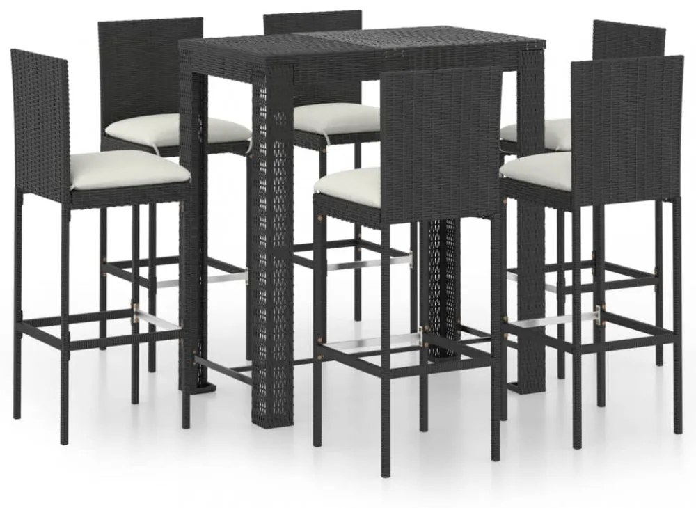 7 részes fekete polyrattan kültéri bárszett párnákkal