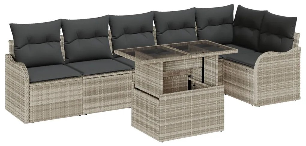 7 darabos kerti kanapé szett párnákkal világosszürke poly rattan, 2 személyes kerti kanapé párnákkal világosszürke poly rattan