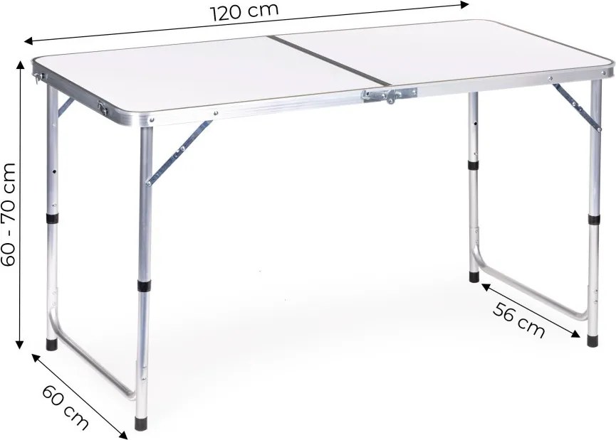 Kerti asztal, MultiGarden GMFC-FY12060, fehér, 120 x 60 cm, összecsukható, állítható magasság (60–70 cm), hordfogantyúval, teherbírás: 50 kg