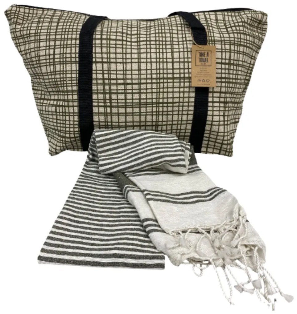 Stílusos szett strandtáska + törölköző HAMAM 75x150 cm, khaki, 100% organikus pamut