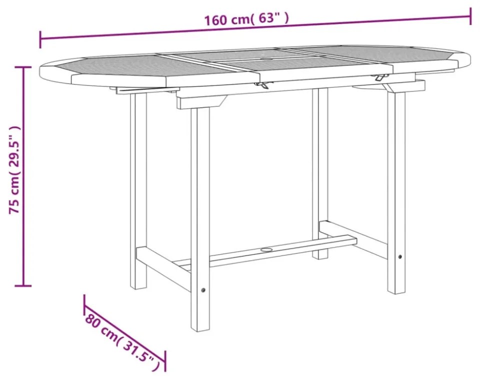 kihúzható tömör tíkfa kerti asztal 110-160 x 80 x 75 cm