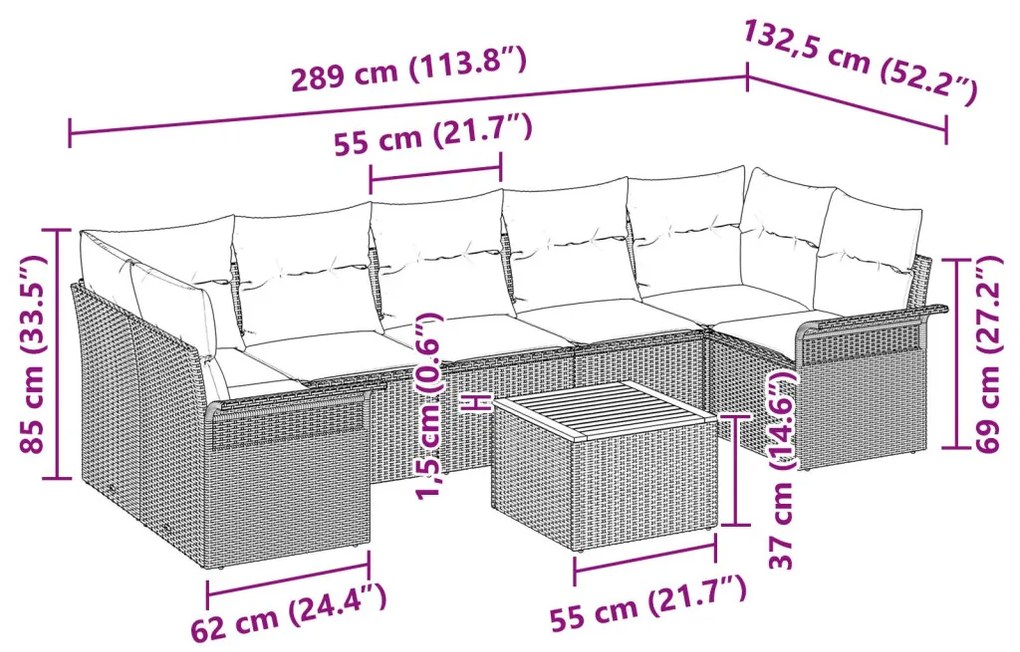 8 részes kerti kanapé szett párnákkal szürke poli rattan akáciából